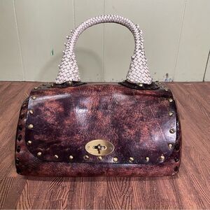 Wabags Brown Large Handcrafted Leather Turnlock Handbag Braided Handle‎
